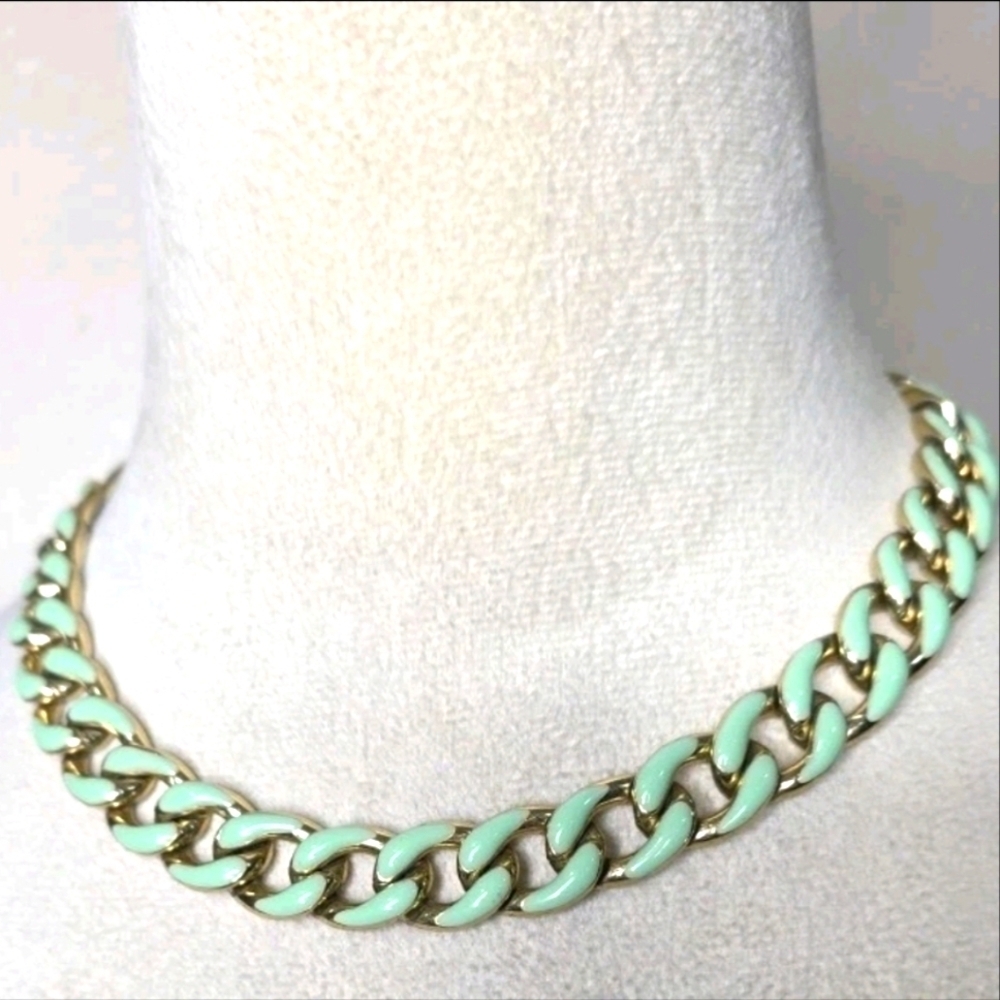 Reversible Mint Green Gold Tone Link Necklace, Gold Tone Link Lobster Clasp